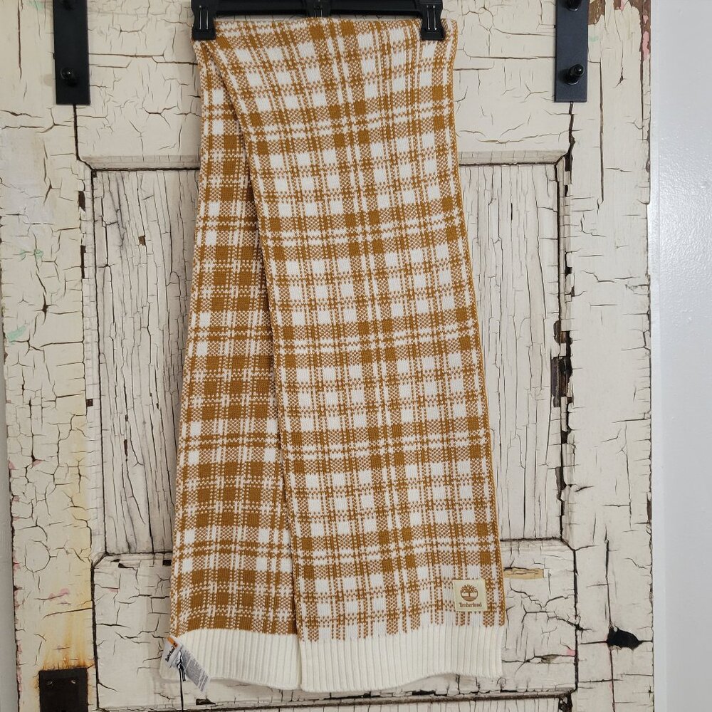 Timberland Logo Scarf Buffalo Plaid Beige Brown Cream Ivory Cozy Fall Winter OS